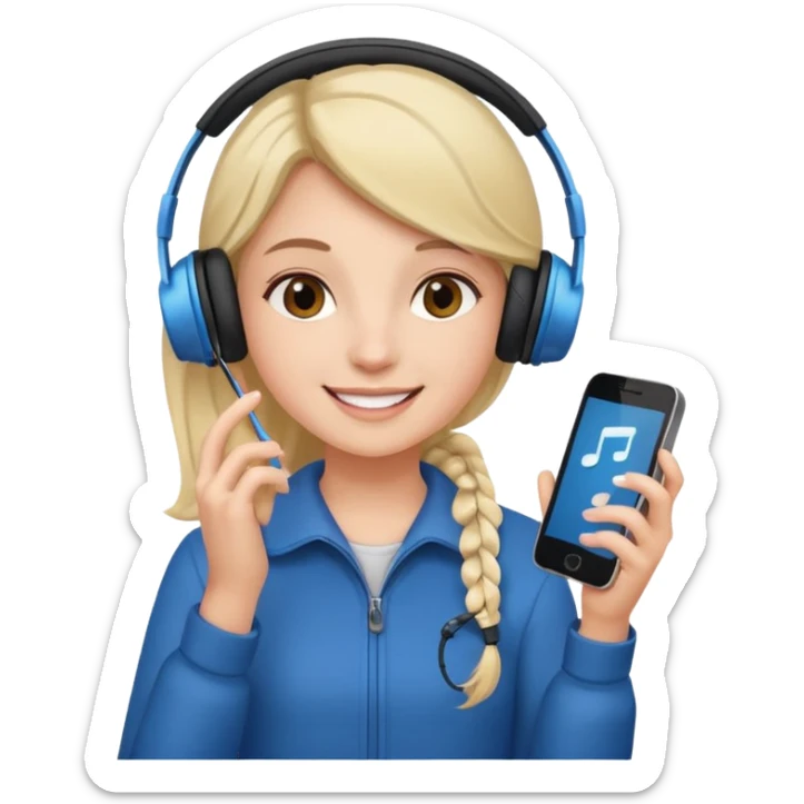 Girl listening to music with earphone and phone in hand sticker