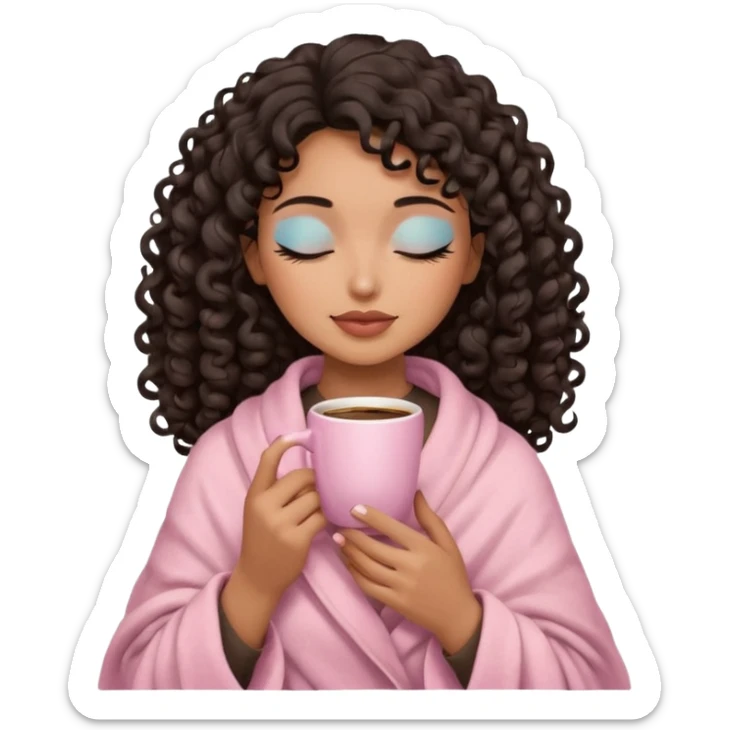 hispanic woman, brown skin, black long 3b curls, closed eyes, feminine face, holding soft pink coffee cup with beige blanket over shoulders, correct fingers, no eyeshadow sticker