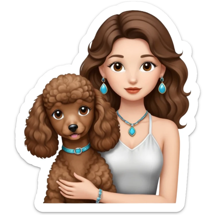 girl with long brown balayage hair and long lashes, wearing halterneck top and earings, holding a brown poodle, sticker