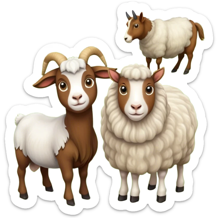 Icon for Domestic Hooved Animals: A gentle collage featuring a brown goat with large, curious eyes, a calm sheep with soft wool and a horse with a flowing mane. Background with a green pasture and a few hay bales. Transparent background. sticker