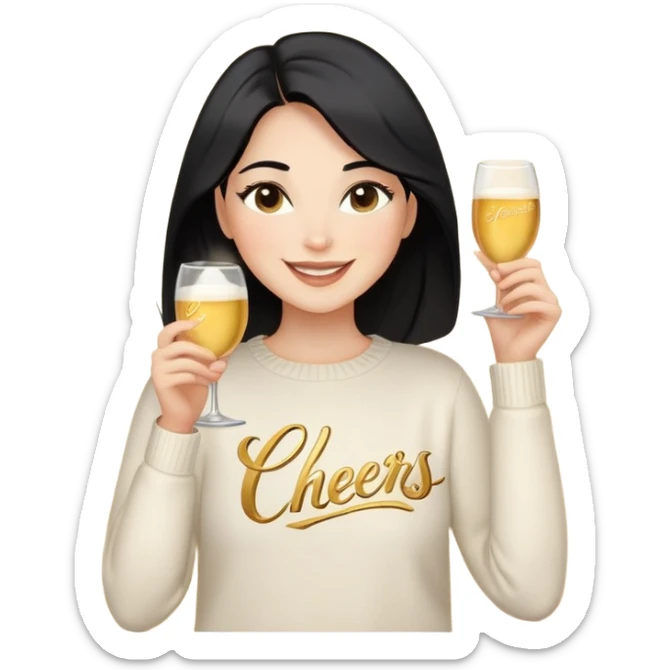 A woman with longer black hair, light to medium skin tone, full cheeks, and almond-shaped eyes, wearing a simple white sweater with the word 'cheers' in gold script, joyful and radiant expression, cheerful. sticker