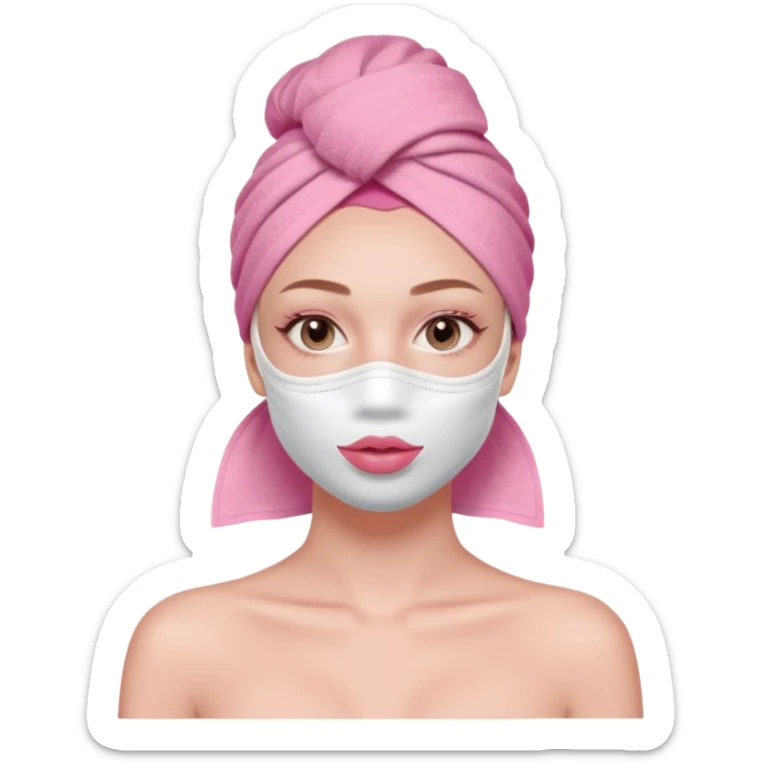 Clean girl influencer character, chest-up portrait, pink head towel, half-face facial mask, minimal self-care look, clean modern illustration sticker