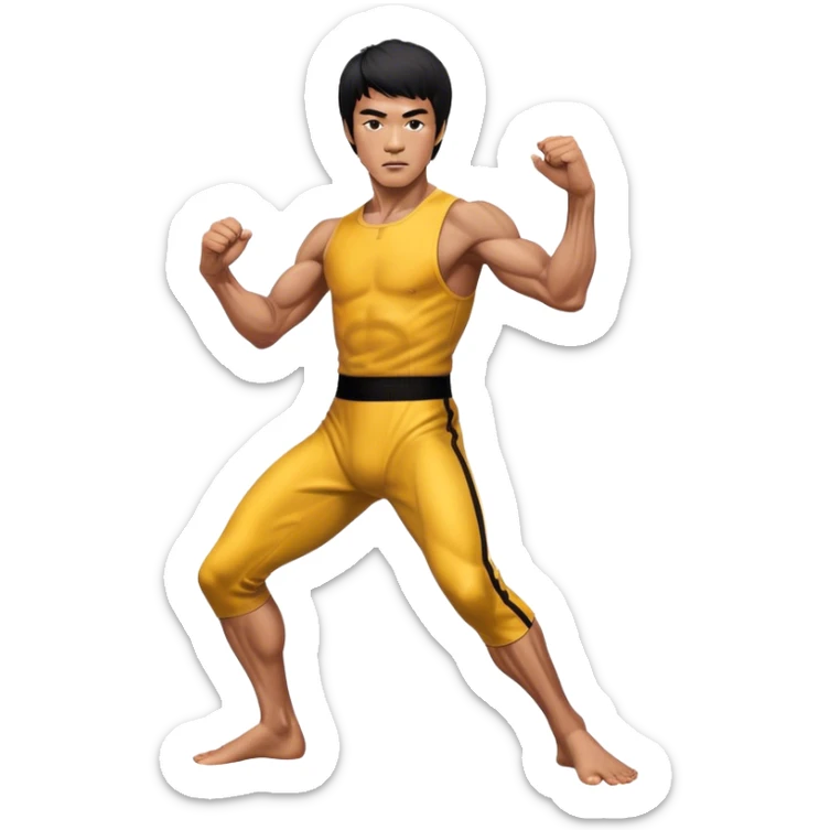 Cinematic Realistic portrait of Bruce Lee, shown as a legendary martial artist in a dynamic, powerful pose with modern athletic attire and finely detailed muscle definition, rendered in dramatic action lighting sticker