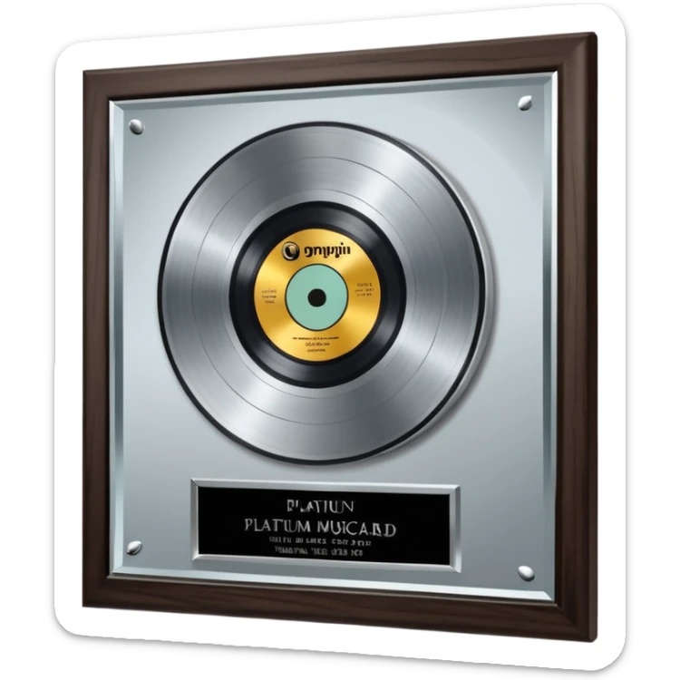 A platinum music award plaque: a square, polished platinum plate with a subtly textured, mirror-like finish, mounted on a simple dark wood base. The center features a relief of a or stylized vinyl record in a slightly darker metallic tone.  sticker