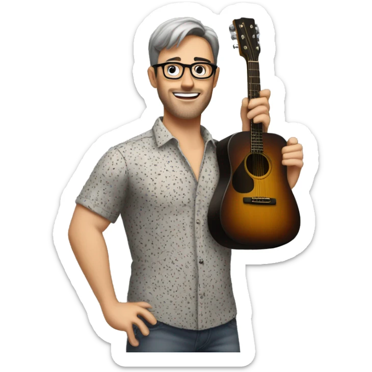 A male music teacher with short grey and brown hair, with very light stubble,  black rectangle glasses, wearing a short sleeve button up patterned shirt, muscular body type, holding a guitar sticker