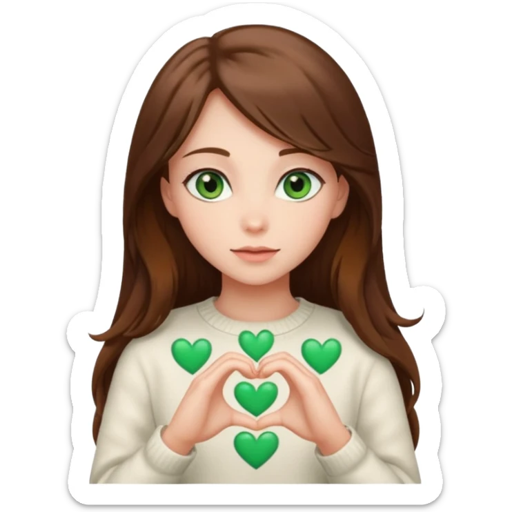 Girl green eyes brown long hair white warm sweater doing hands heart sticker