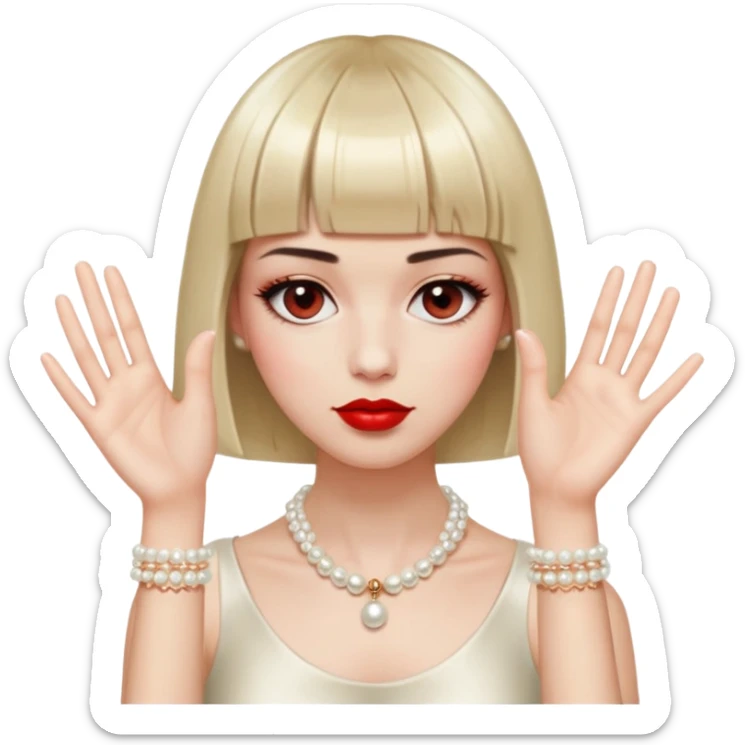  Face and Hair: The figure has a short, blunt bob haircut with straight bangs. She has long eyelashes and red lipstick  Jewelry and Accessories: The figure wears a pearl necklace and a bracelet, both depicted with small, evenly spaced circles. The right wrist has a bracelet, and the left hand is bare. Hands and Pose: Two disembodied hands are raised near the face. The fingers are splayed, creating a gesture that suggests frustration, stress, or theatrical exasperation. The posture feels very performative, almost frozen in mid-drama. sticker