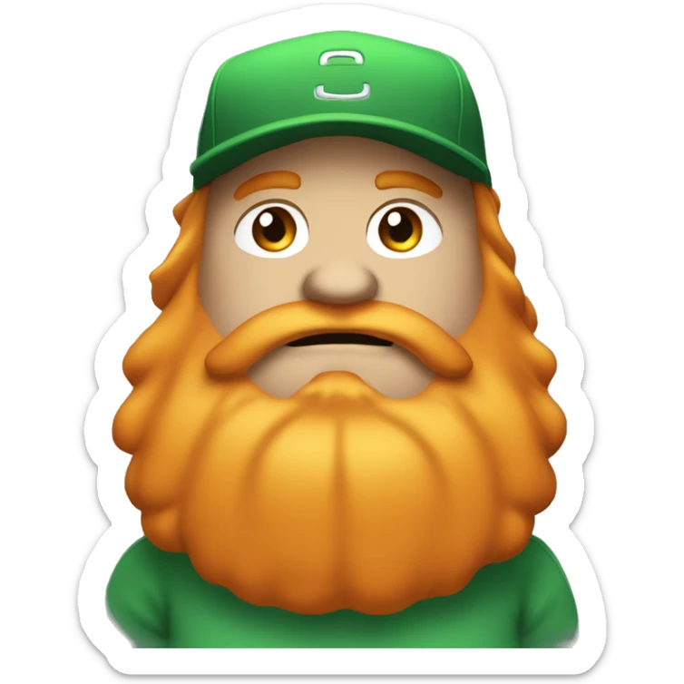fat man with orange long hair and large beard. Green baseball cap and confident. smug expression with a slight smirk and half-closed eyes. sticker