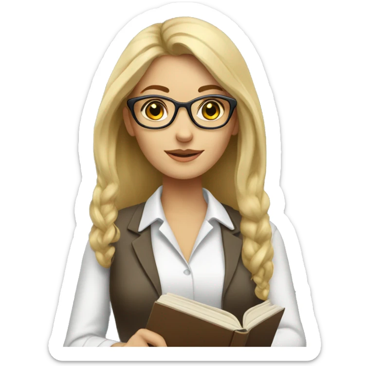 Woman teacher blonde long hair brown glasses with book sticker