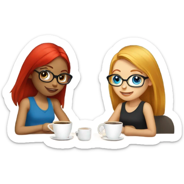 Two girl friends one blonde in glasses blue eyes and one red headed with no glasses sitting in the coffee house drinking coffee sticker