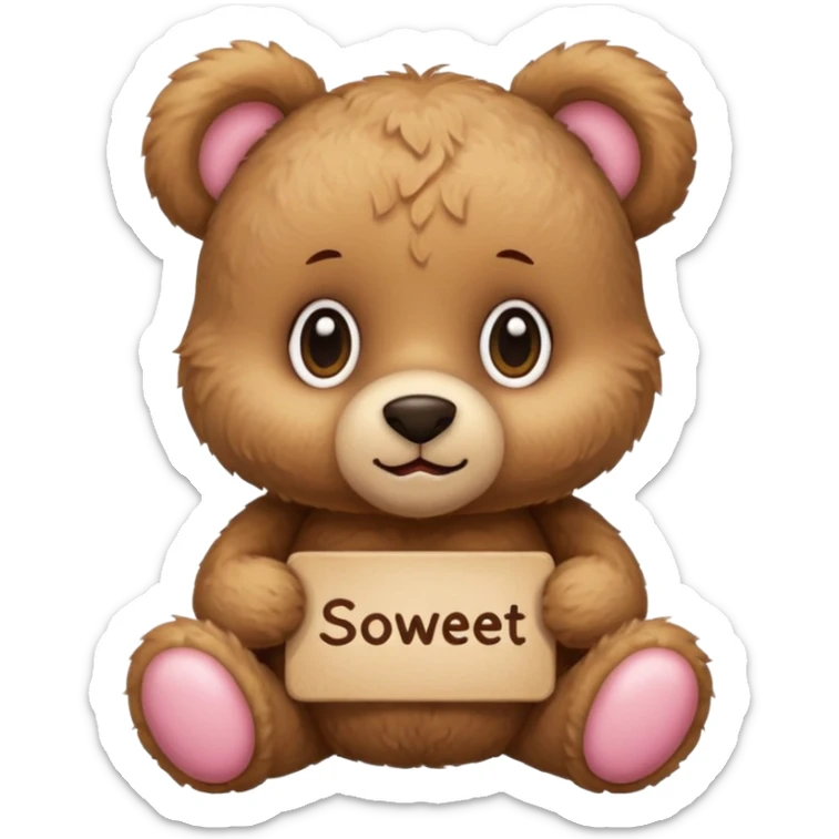 fluffy teddy bear with big eyes, blushing, small sign with text 'so sweet of you' emoji style sticker