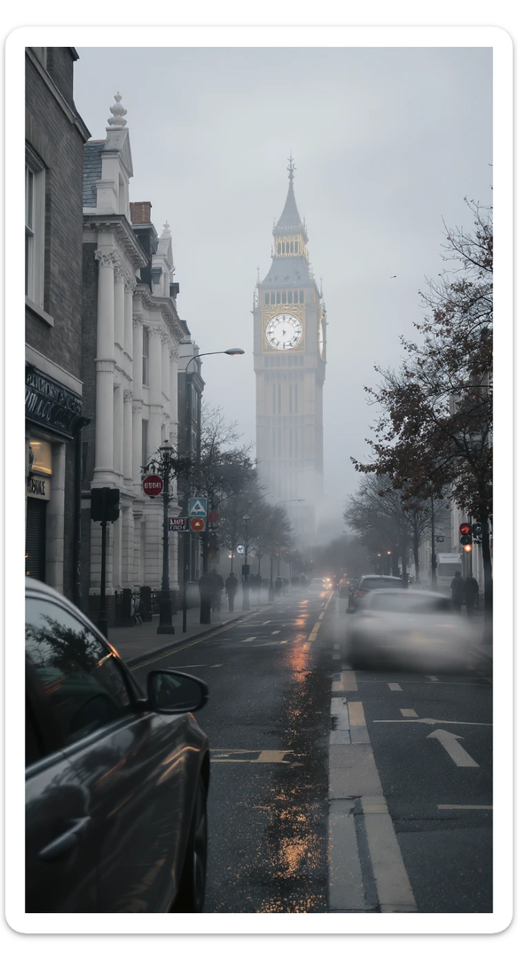 Cinematic shot of a london street, cloudy foggy day, soft light, leading lines to big ben in distance, multi composition, in foreground blurred car, on second street around UK bulding, od another plan in distance big ben, birds flying, artistic look, captured on arri alexa 35 sticker