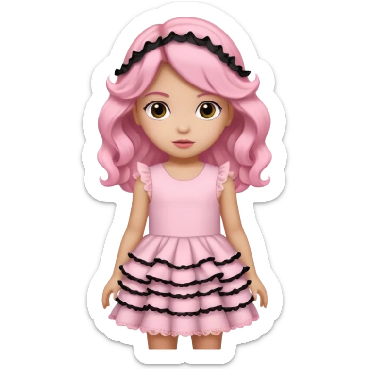Una niña con un vestido rosa pastel con volados y encajes con cabello negro medio ondulado y dos moños como accesorio de cabello. ojos negros  sticker