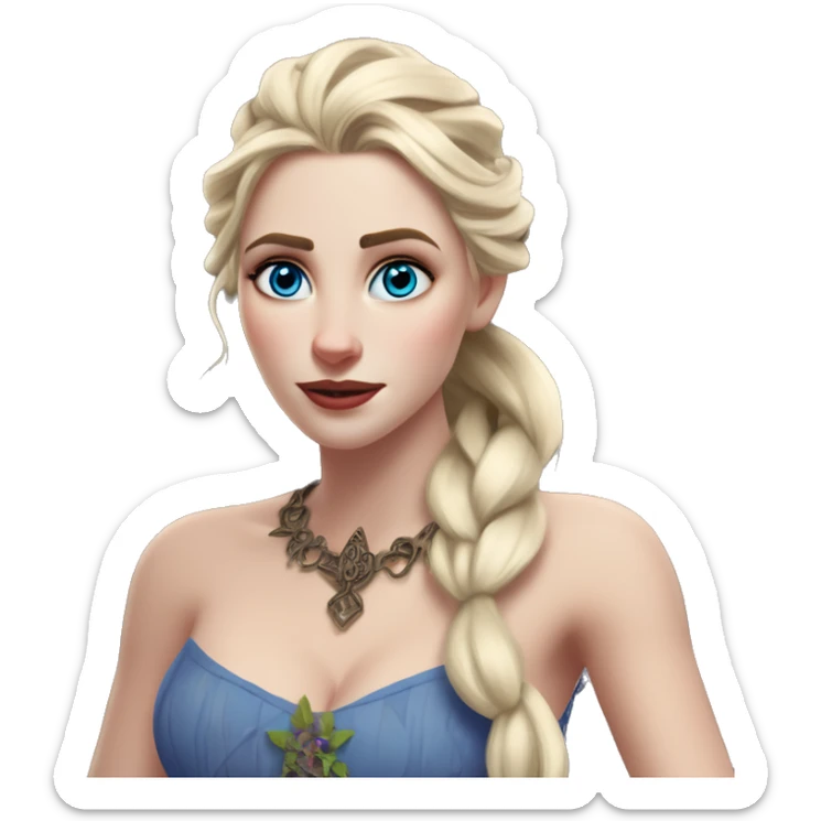 Warcraft award winning Elsa in MS-DOS style, oil paint, mysterious eyes, intricate lips, masterpiece pose, odd perspective, beautiful, desirable, logical, midsommar, ikea sticker