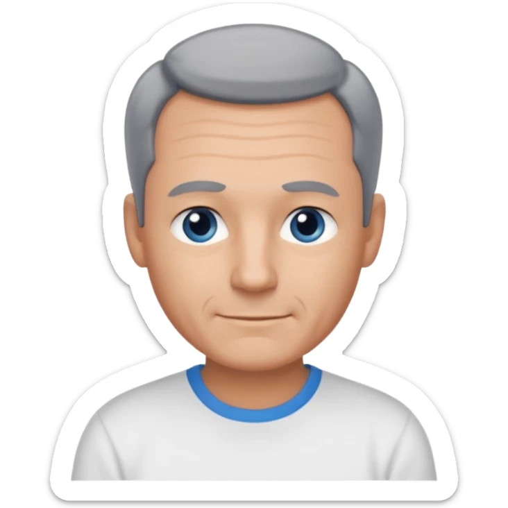 Middle aged man with tanned skin, little black to grey hair, receding hairline and no beard, blue eyes, shy smile sticker