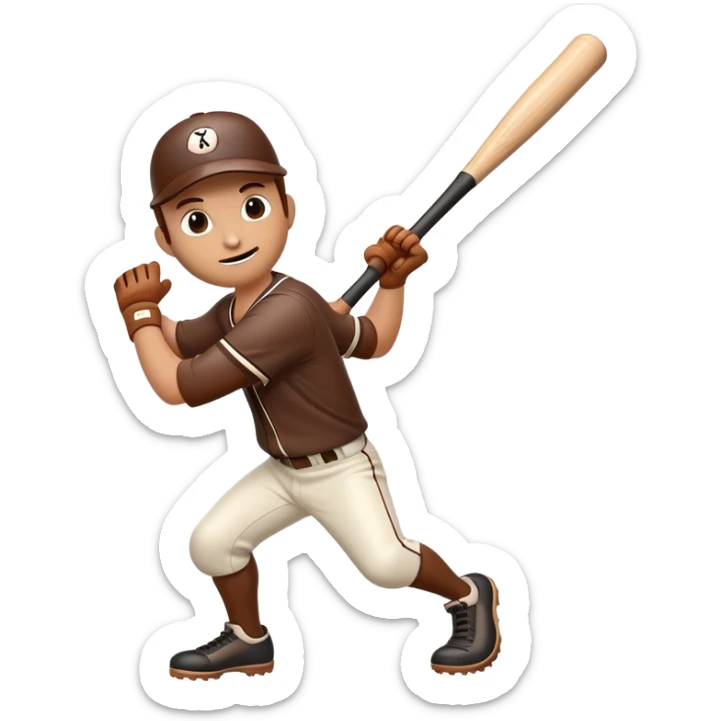Brown wooden baseball bat with cartoon limbs and a face in mid-swing motion sticker