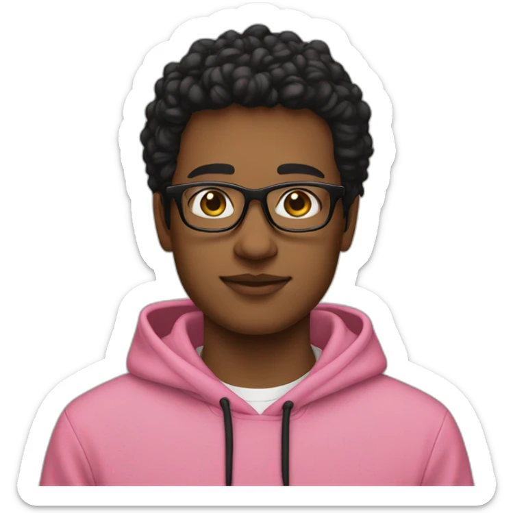 A young man wearing glasses, a pink hoodie, and black hai  sticker