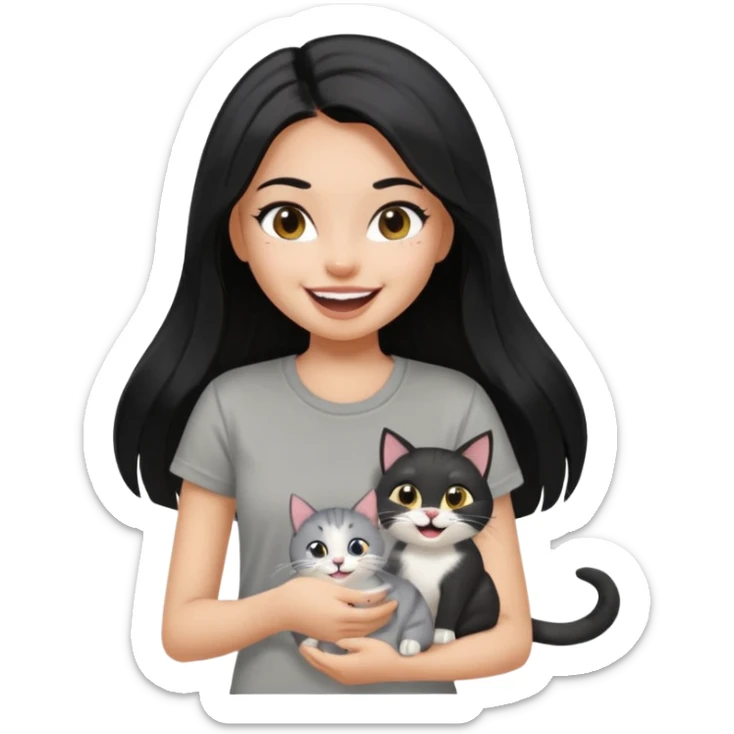 a pretty bratz dusky girl with long straight hair playing with 2 cats nd wearing a grey tshirt and laughing sticker