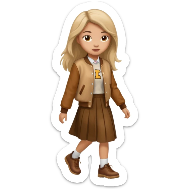 black color, light skin  long hair girl with brown varsity jacket and long skirt walking  sticker