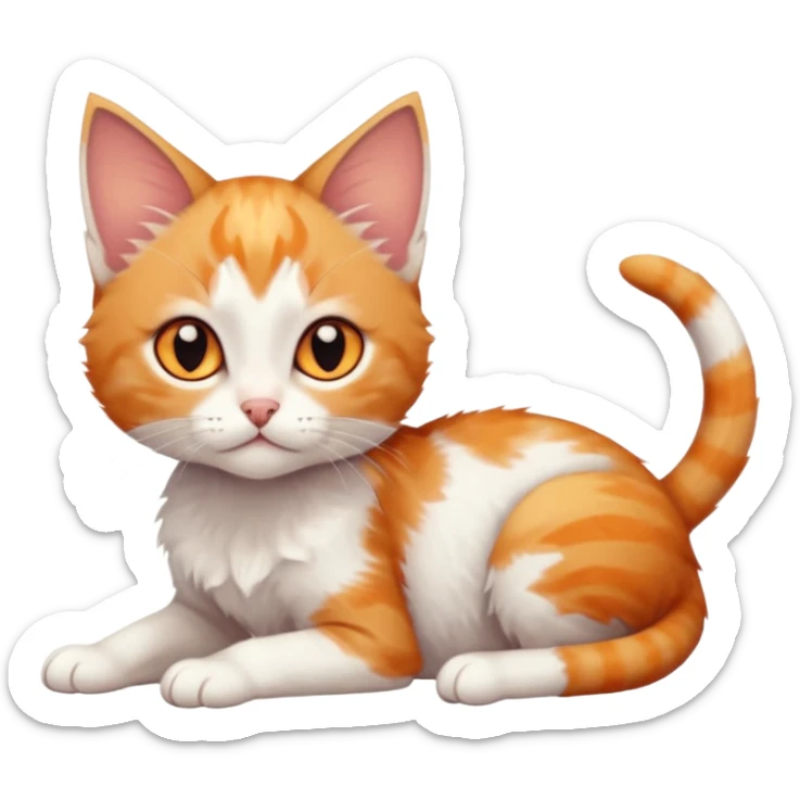 full body of very small + skinny ginger and white kitten with deep orange eyes and triangular shaped face lying down with bent front paws sticker