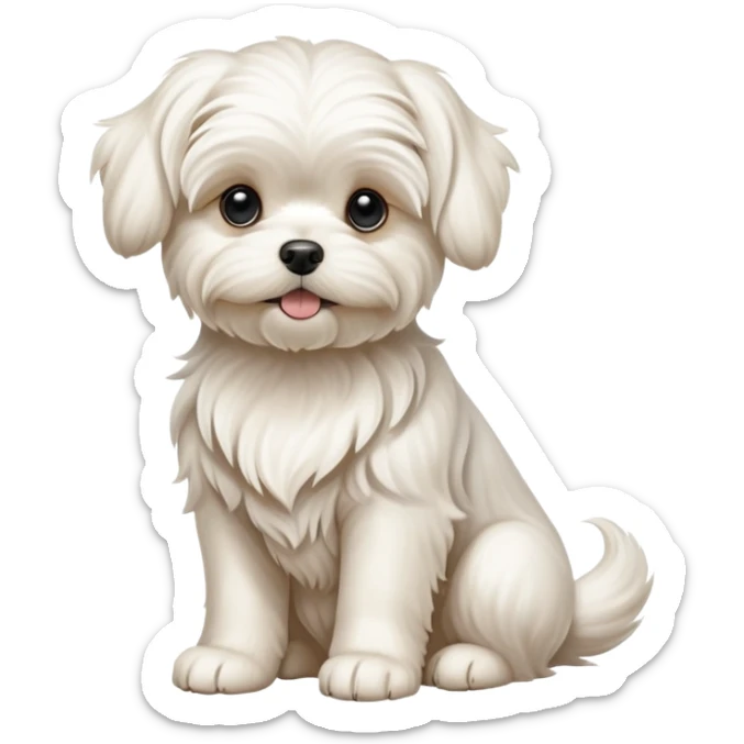 detailed-[Maltese dog]-realistic-full-body-sitting-emoji,-tail-resting-loosely-beside-its-paws,-head-tilted-dramatically, -wavy-[cream white]-fur,-simplified-yet-realistic-focused-features,-highly-detailed,-glowing-with-an-almost-sarcastic-glow sticker