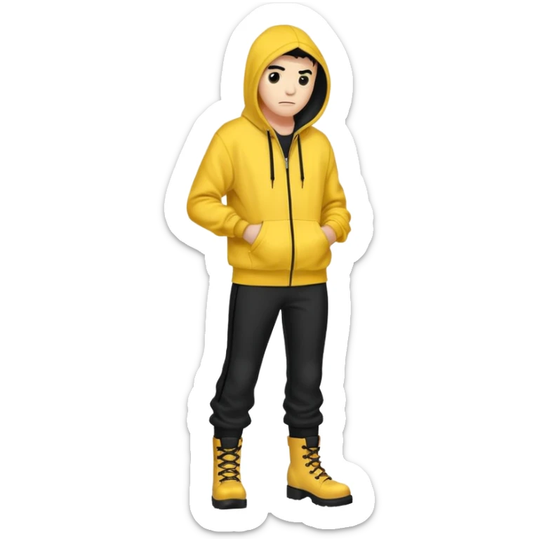 Invincible but whering a yellow hoodie and the mouth covered whering black pants and black boots sticker