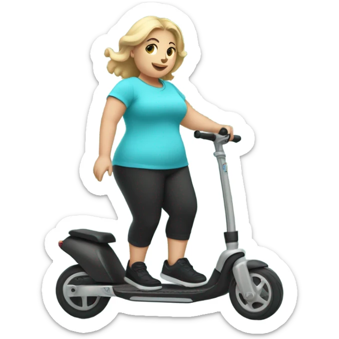 Chubby blonde girl in a cyan shirt with black slide sandals, white socks and black footwear riding a kick scooter sticker