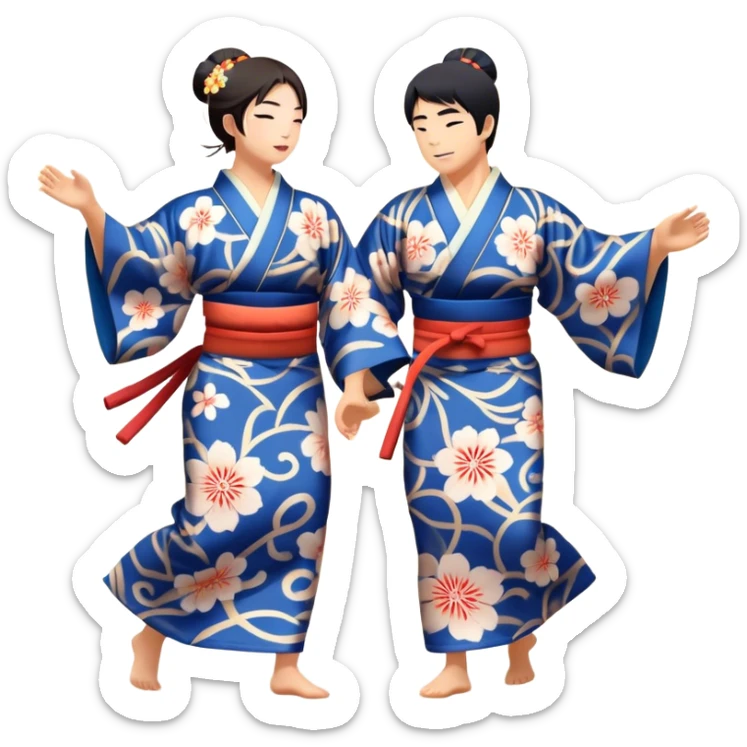Cinematic Realistic scene of two performers engaging in Bon Odori, dressed in traditional yukata with intricate summer patterns, captured in graceful, rhythmic motion with warm, festive lighting sticker