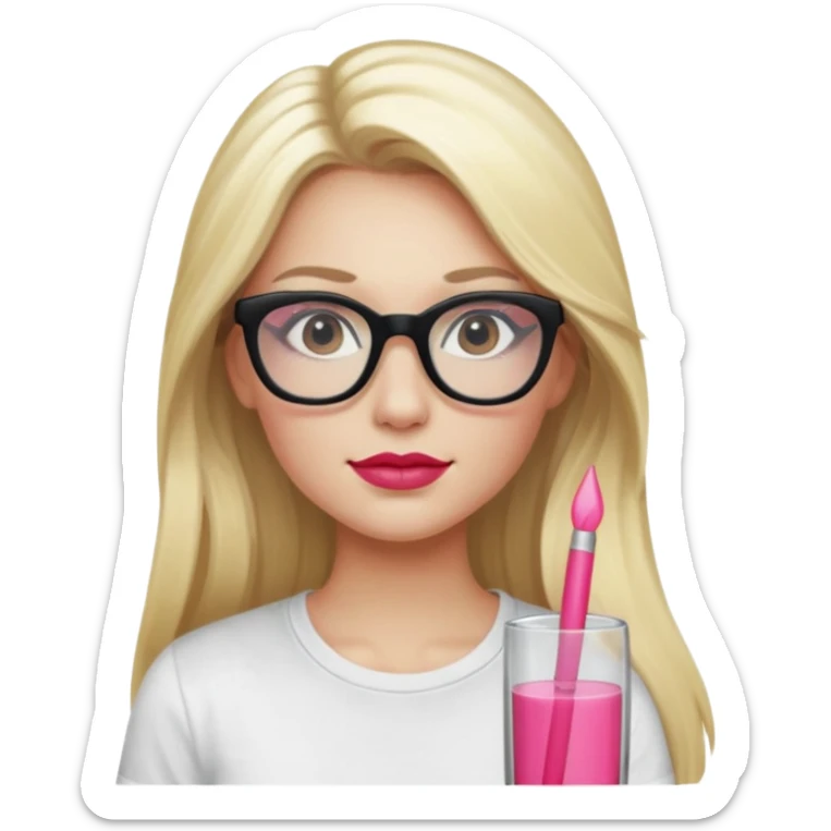 A blonde woman, long hair and long eye lashes, red blushes and little pink lipstick and highlighter, glass skin, black glasses, white tshirt sticker