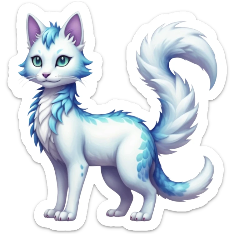 Kawaii white iridescent beautiful pretty elegant divine edgy fantasy feline-vernid-fionbri-sergal-fursona animal creature with a tufted tail full body with intricate markings  sticker