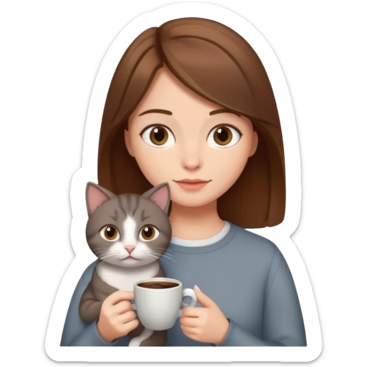 Chica peli castaña tomando café con un gato gris en la otra mano  sticker