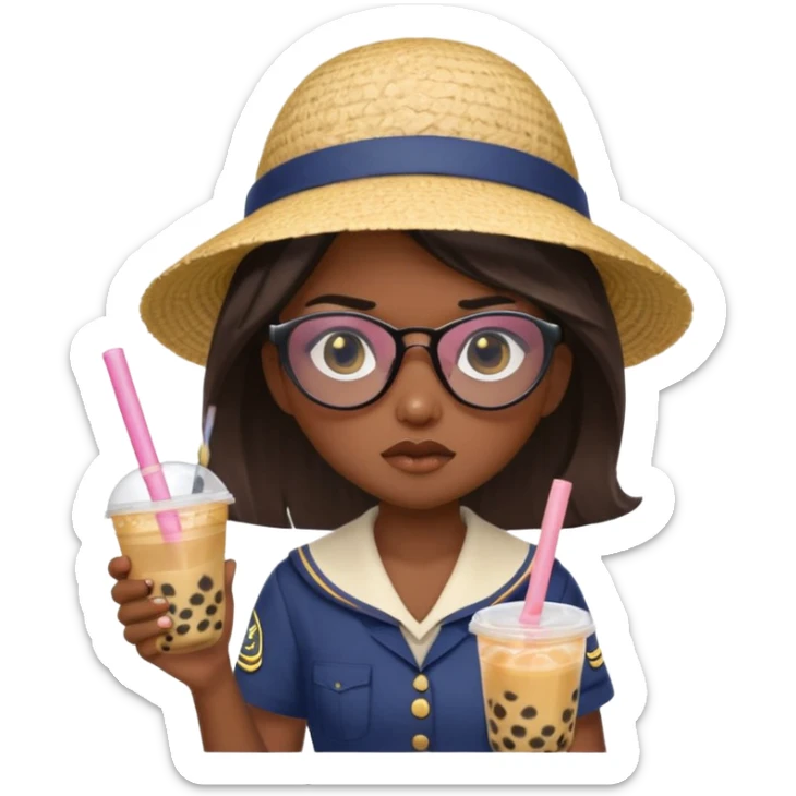 A Angry Teen Female with Dark skin and Bald, oval face, wearing a Uniform outfit, a Sunhat, Sunglasses, carrying a Enchanted staff, working as a teacher, while drinking Bubble tea and reading a Comic.
 sticker