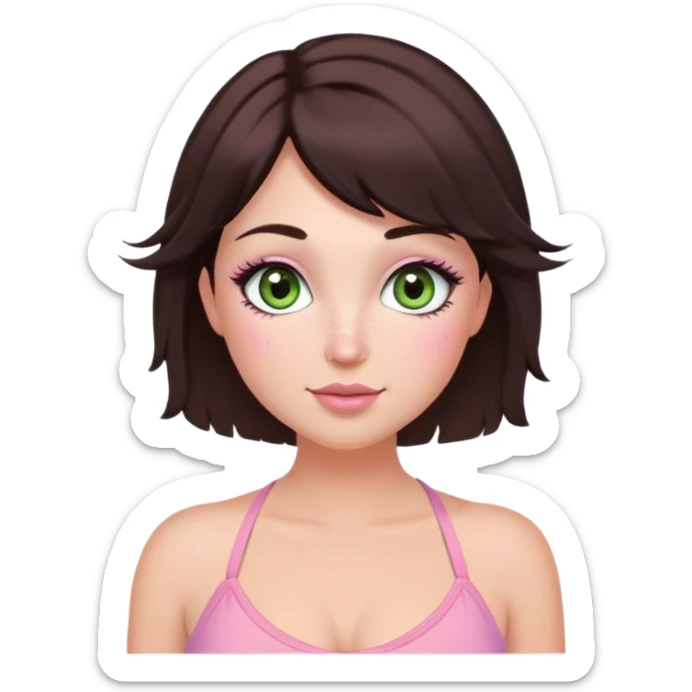 fairy woman, soft green eyes, big eyelashes, dark brown bob, brown cheek freckles, pink halter top, curvy sticker