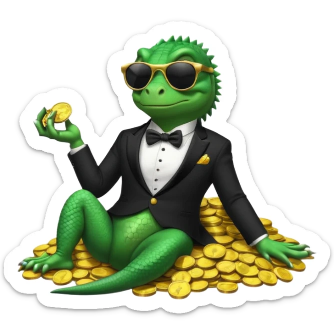 capitalist iguana banker in tuxedo and black sunglasses lying comfortly on coins sticker
