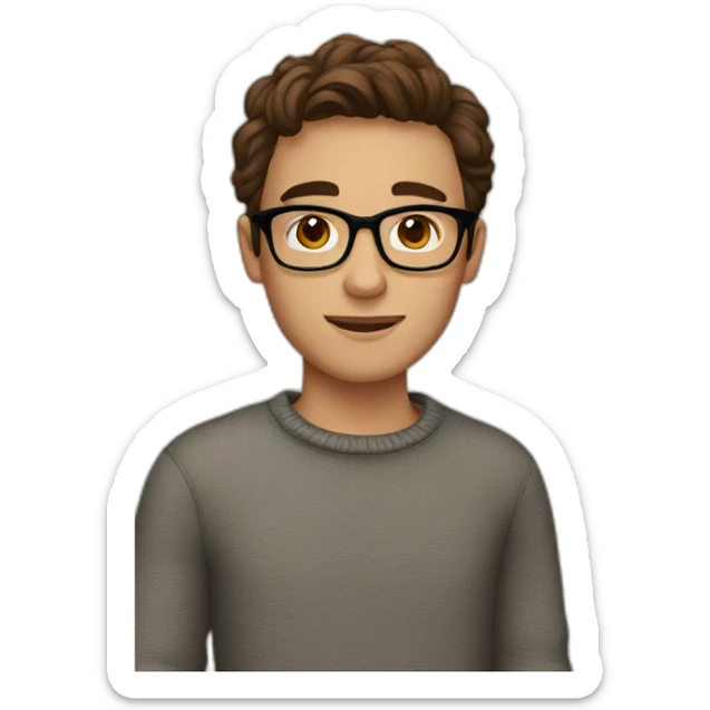 A young man with brown eyes and brown hair, glasses and a sweater sticker