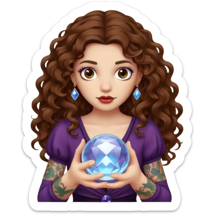 woman with long curly brown hair, brown eyes, white skin, tattoos, holding a crystal ball showing nonsense sticker