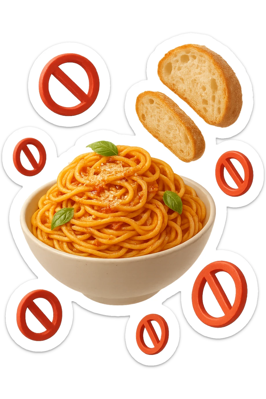 bowl di pasta e fettine di pane che fluttuano in aria con piccoli divieti 3d, sfondo bianco, iperrealistico 4k sticker