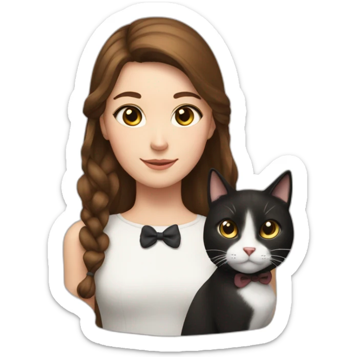a girl with brown hair and a bow in her hair and a black and white cat next to her sticker
