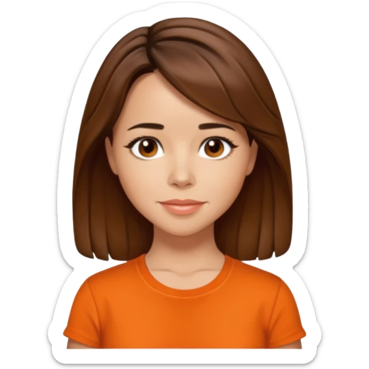 Linda Cardellni with brown hair, orange shirt sticker