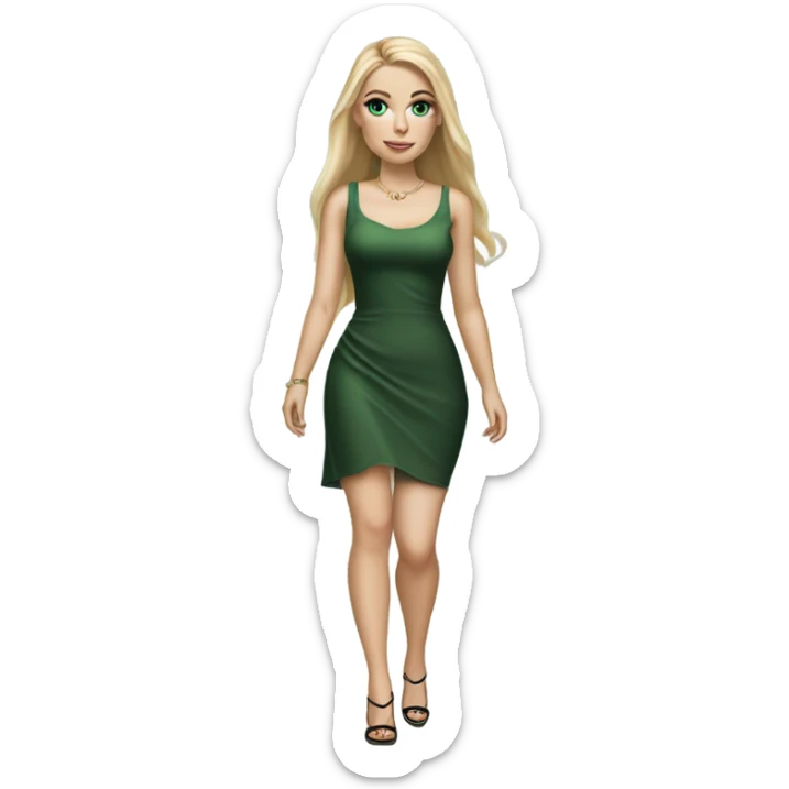 Realistic White girl with Long straight blonde hair, green eyes, tattoos, full body wearing dress and High heels , walking sticker