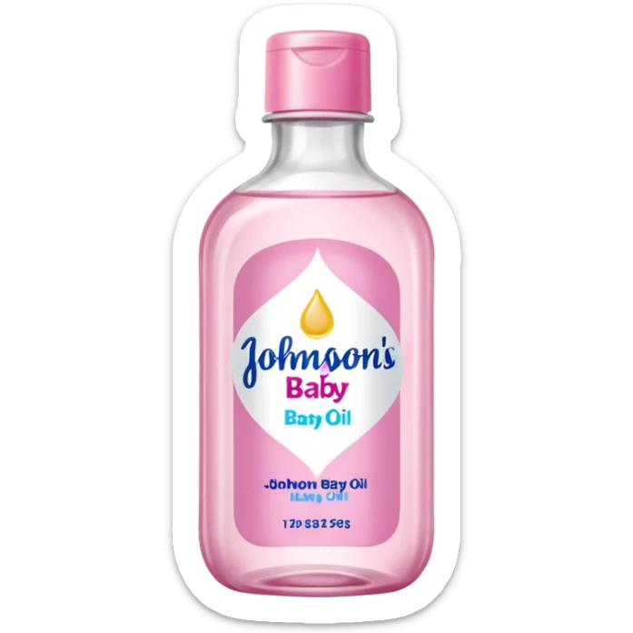 johnson's baby oil in a transparant bottle with a pink label. The oil should look transparant  sticker