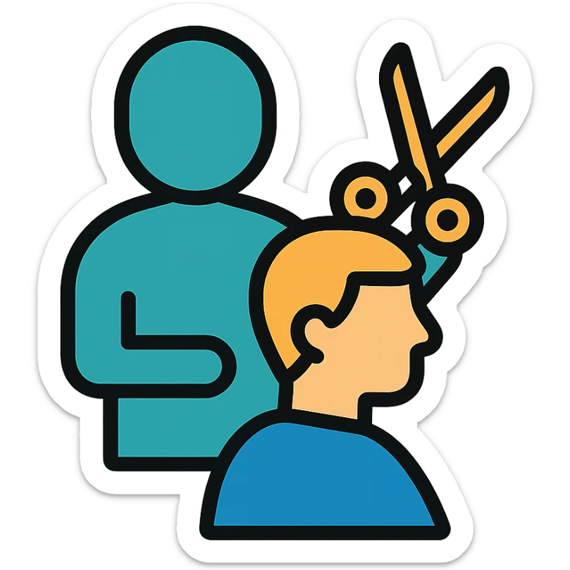 logo of a human receiving a haircut, clean lines, minimal color, modern look sticker