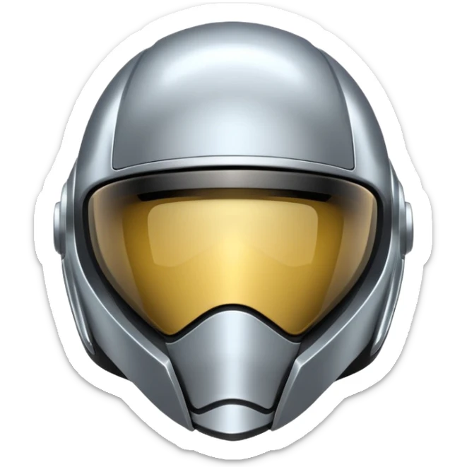 A futuristic helmet emoji made of silver chrome, smooth aerodynamic shape, minimal visor detail, reflective metallic surface, sci-fi aesthetic, iOS emoji style, centered on clean white background sticker