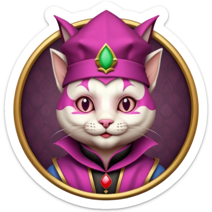 court jester cat medieval, single poker card joker clearly visible, pink, face only, round badge, court jester cap sticker
