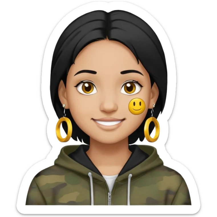 person with military cut black hair, brown eyes, wearing 2 circle earrings and a black hoodie with a smiley face sticker
