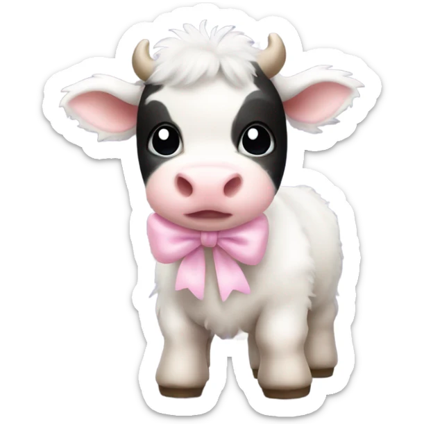 Fuzzy baby cow with light pink bow sticker