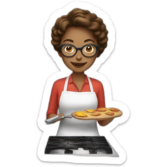 Woman with light skin and brown hair with glasses cooking in kitchen sticker