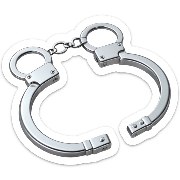 A pair of elegant handcuffs emoji made of silver chrome, smooth rounded design, glossy metallic reflections, luxury fetish aesthetic, minimal iOS emoji style, centered, clean white background sticker