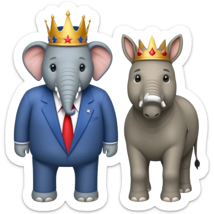 Democratic Party elephant facing Republican Party donkey with King Trump inbetween sticker