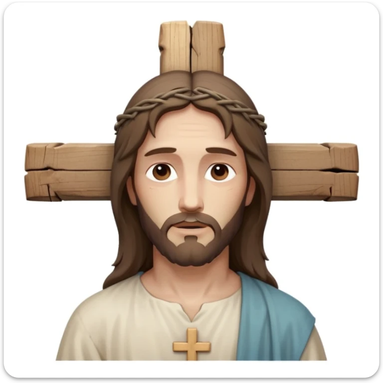 Minimalist emoji of Jesus on the cross, gentle and peaceful face, subtle wounds, simple wooden cross, soft muted colors, reverent and spiritual, serene and respectful, not exaggerated, sacred icon style sticker